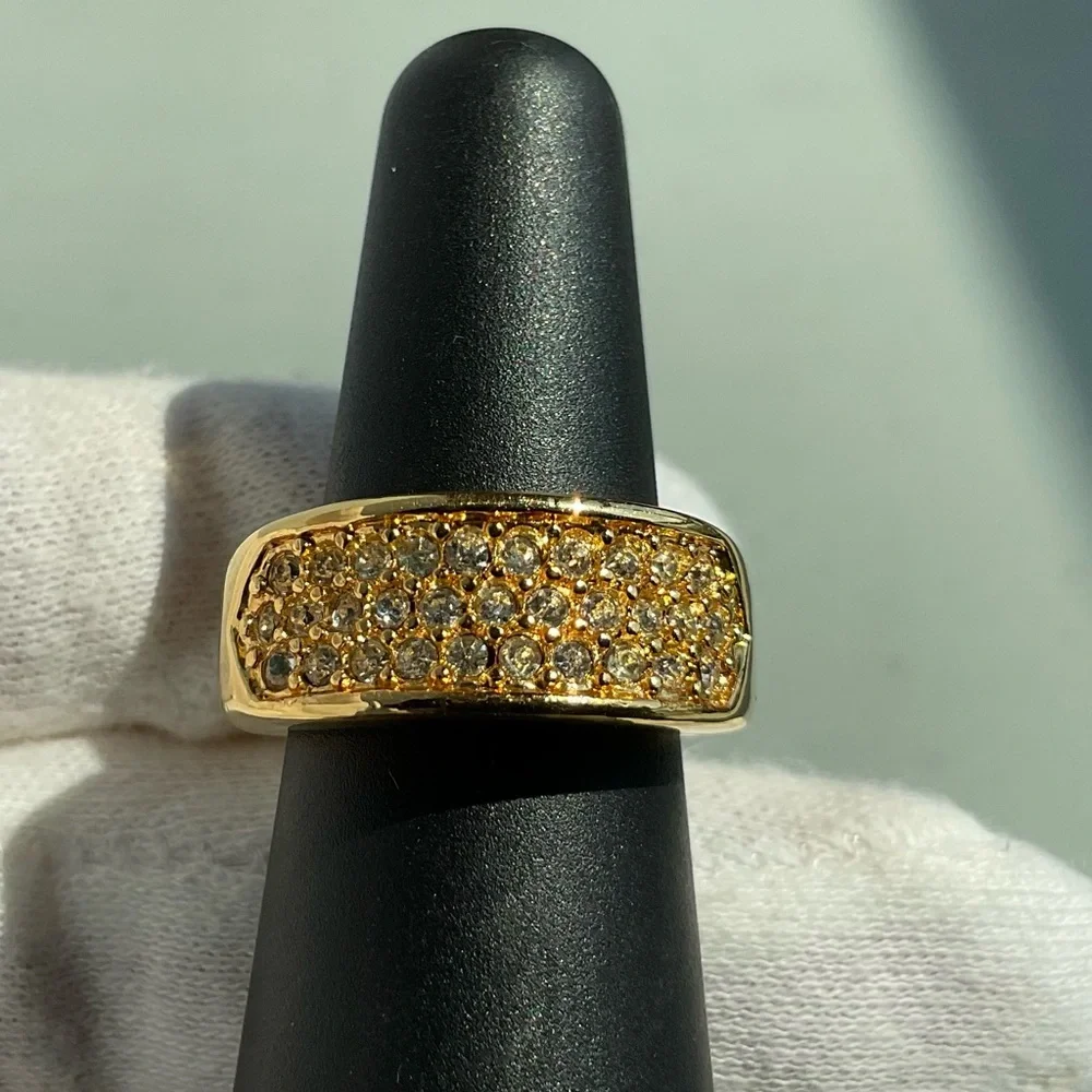 Elegant Gold Simulated Diamond Ring, 3 Rows of Dainty Sparkling Crystals